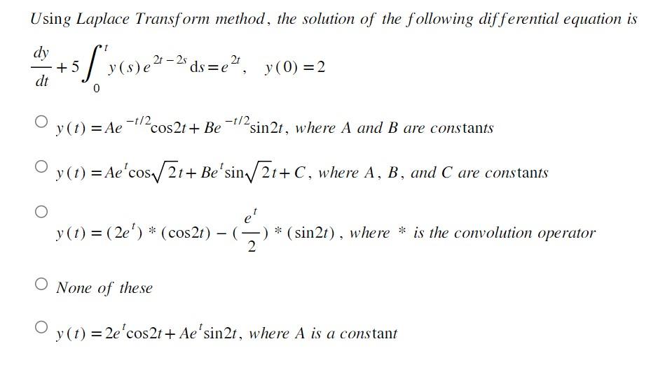 Solved Using Laplace Transform method, the solution of the | Chegg.com