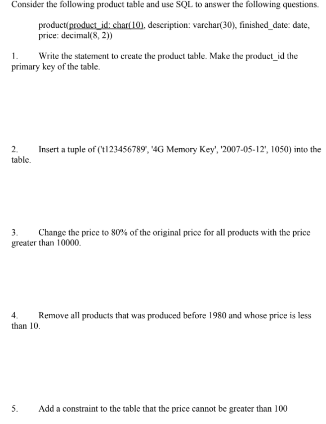 Solved Consider the following product table and use SQL to | Chegg.com