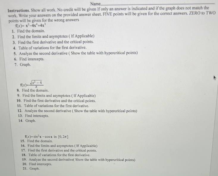 Solved Name Instructions. Show all work. No credit will be | Chegg.com