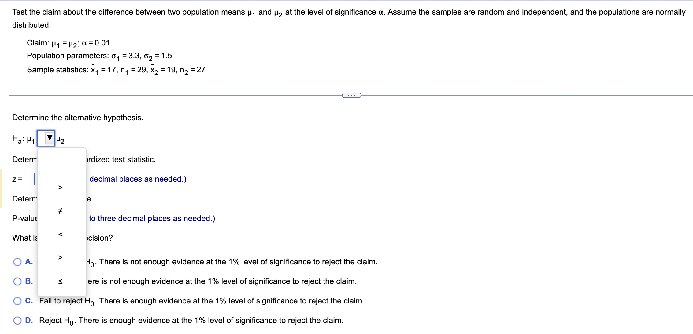Solved distributed. Claim: μ1=μ2;α=0.01 Population | Chegg.com