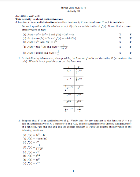 Solved Spring 2021 MATH 75 Activity 13 ANTIDERIVATIVES This | Chegg.com