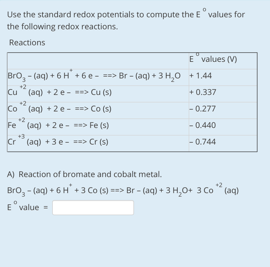 Solved Use The Standard Redox Potentials To Compute The E Chegg Com