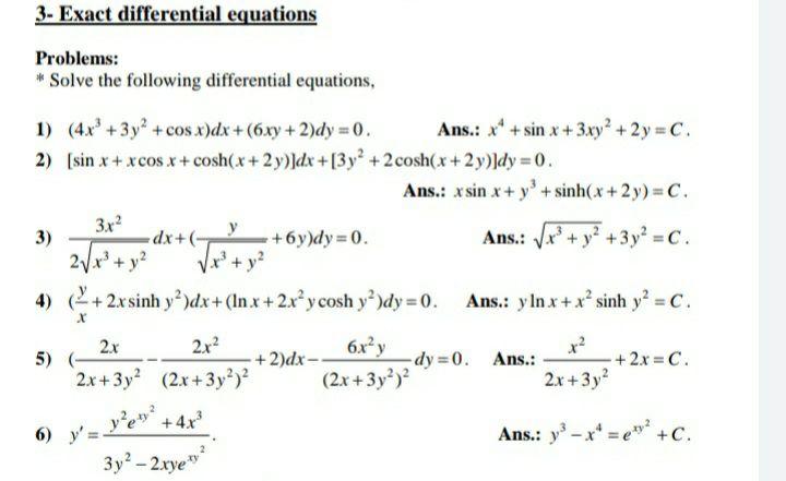 Solved 3- Exact differential equations Problems: * Solve the | Chegg.com