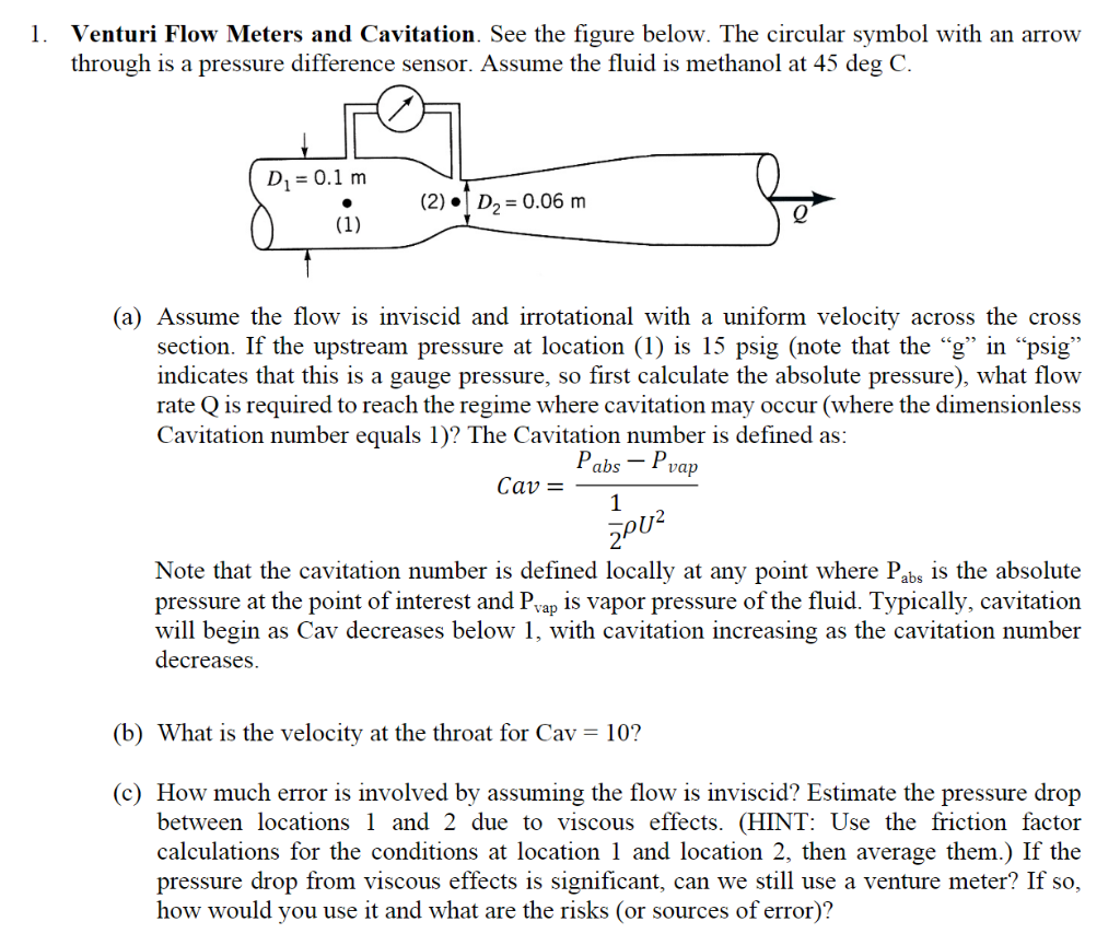 1 Venturi Flow Meters And Cavitation See The Fig Chegg Com