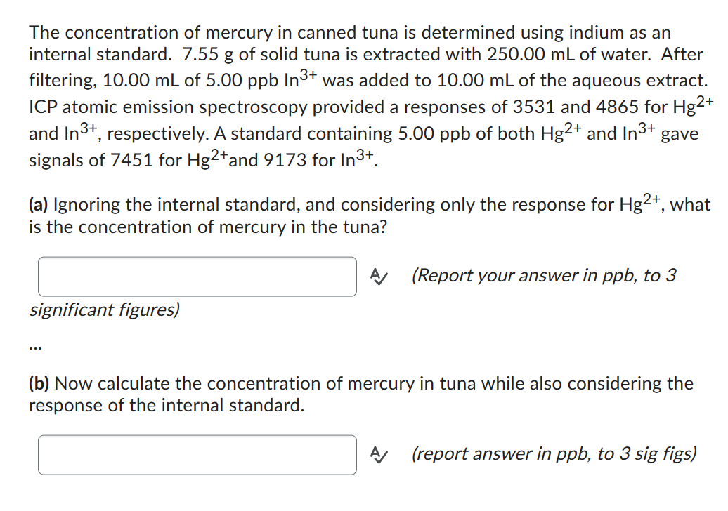 The concentration of mercury in canned tuna is determined using indium as an internal standard. \( 7.55 \mathrm{~g} \) of sol