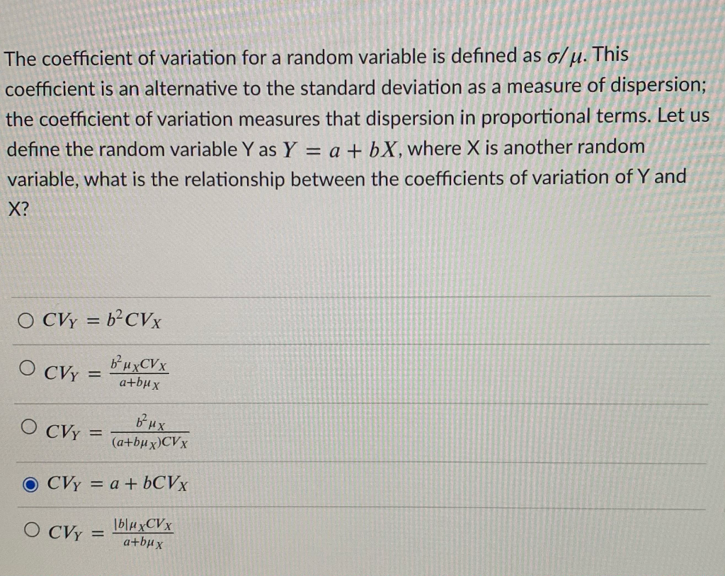 Solved The coefficient of variation for a random variable is | Chegg.com