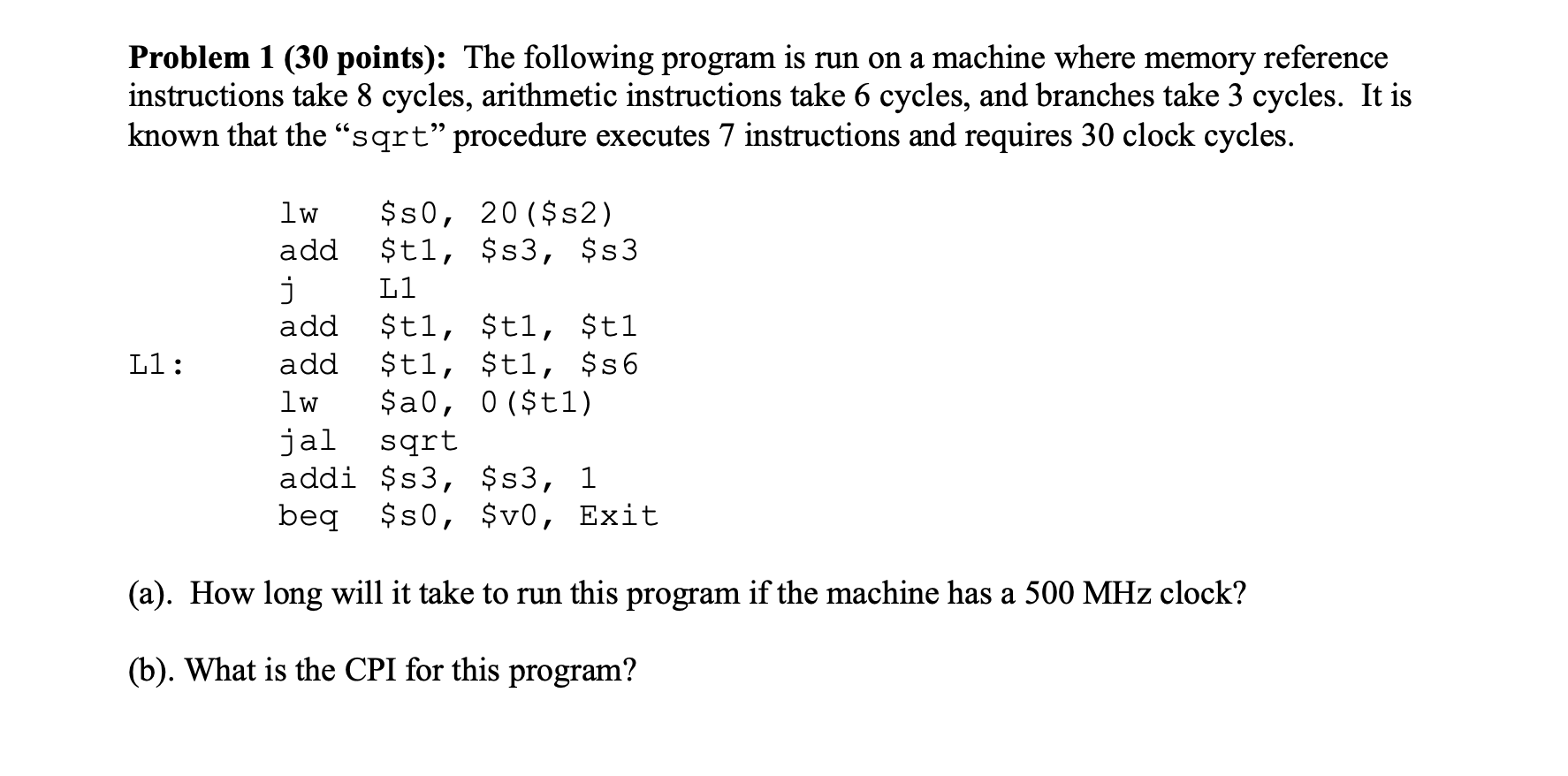 Solved Problem 1 (30 points): The following program is run | Chegg.com