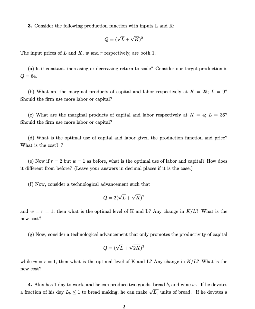 Solved 3. Consider the following production function with | Chegg.com