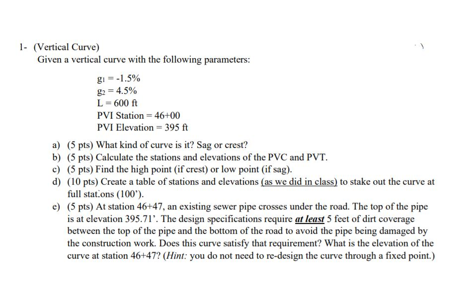 Solved 1- (Vertical Curve) Given a vertical curve with the | Chegg.com