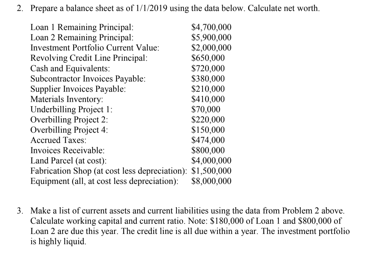 2. Prepare a balance sheet as of 1/1/2019 using the