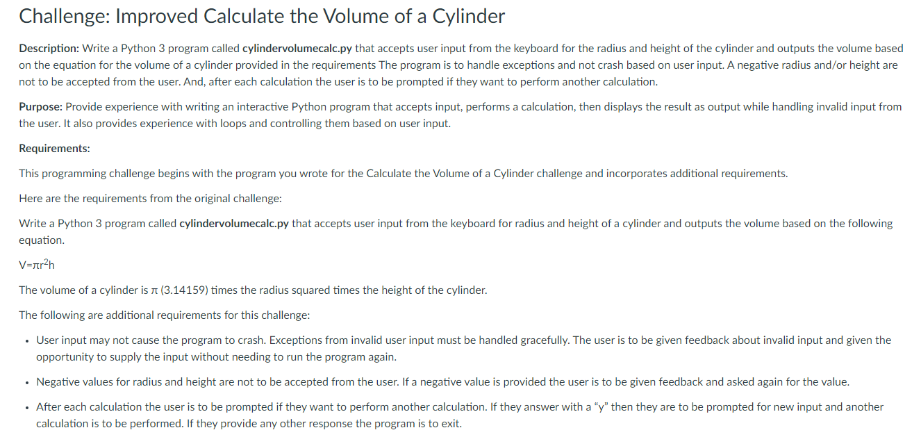 Solved Write a Python 3 program called cylindervolumecalc.py | Chegg.com