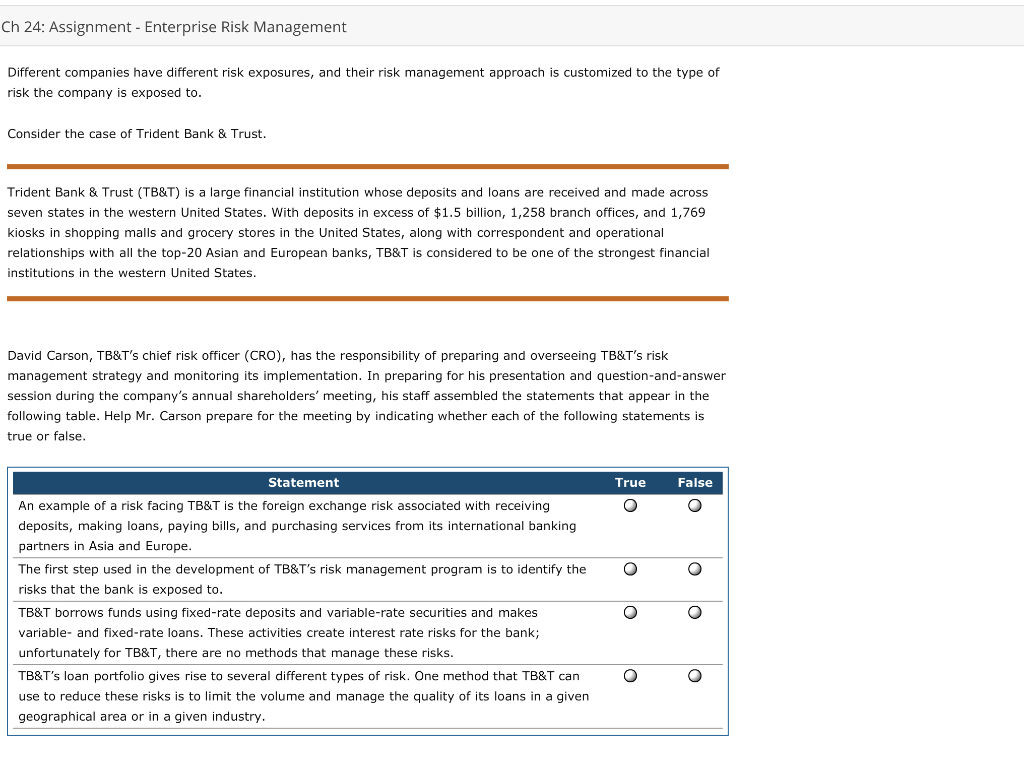 Solved Ch 24: Assignment - Enterprise Risk Management | Chegg.com