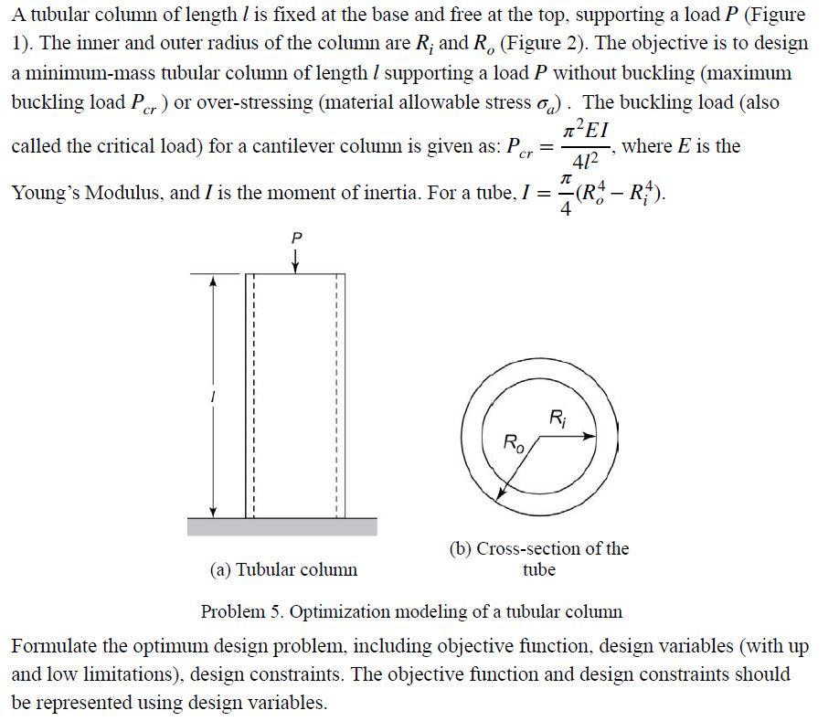 A tubular column of length \( l \) is fixed at the base and free at the top, supporting a load \( P \) (Figure 1). The inner 