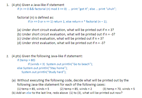Solved 1. (4 pts) Given a Java-like if statement if (n >=0&& | Chegg.com