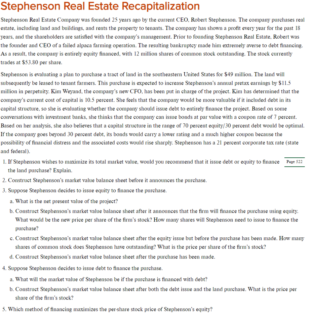 Solved Stephenson Real Estate Recapitalization Stephenson
