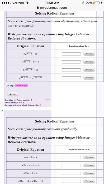 Solved Solve each of the following equations algebraically. | Chegg.com