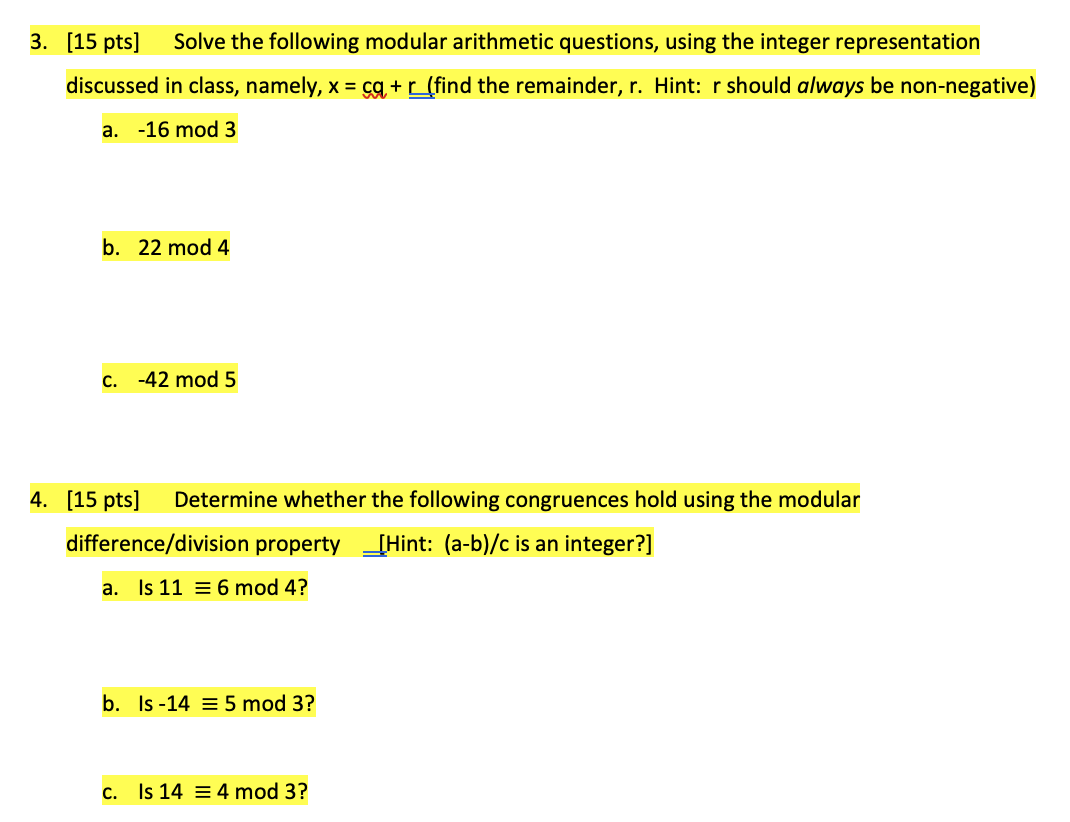 Solved 3. (15 Pts] Solve The Following Modular Arithmetic | Chegg.com