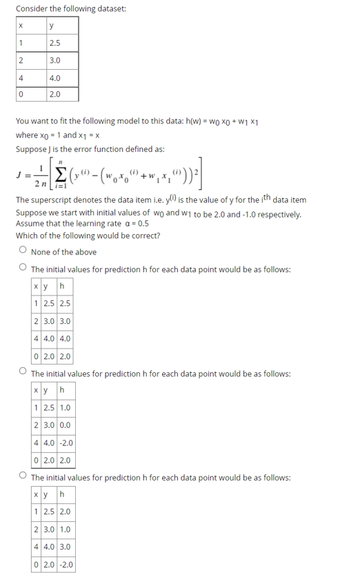 Solved Consider the following dataset: х y 1 2.5 2 3.0 4 4.0 | Chegg.com