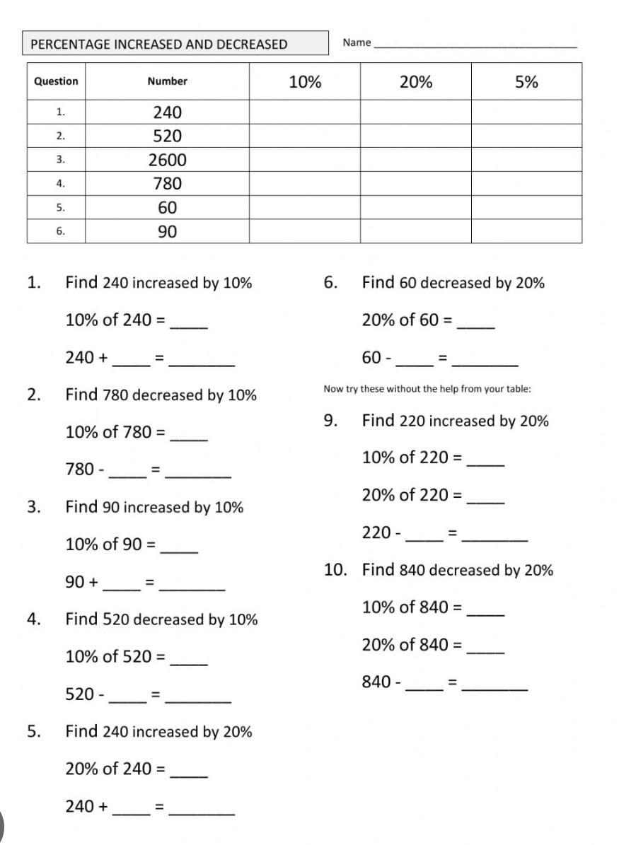 Solved 1. Find 240 increased by 10% 6. Find 60 decreased by | Chegg.com