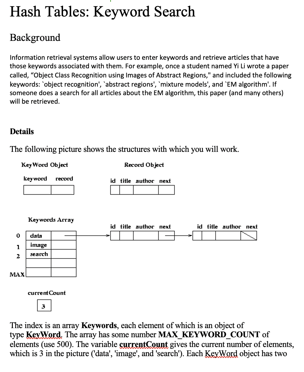 Hash Tables: Keyword Search Background Information | Chegg.com