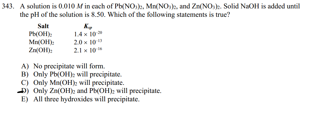 Solved 343. A solution is 0.010 M in each of Pb(NO3)2, | Chegg.com