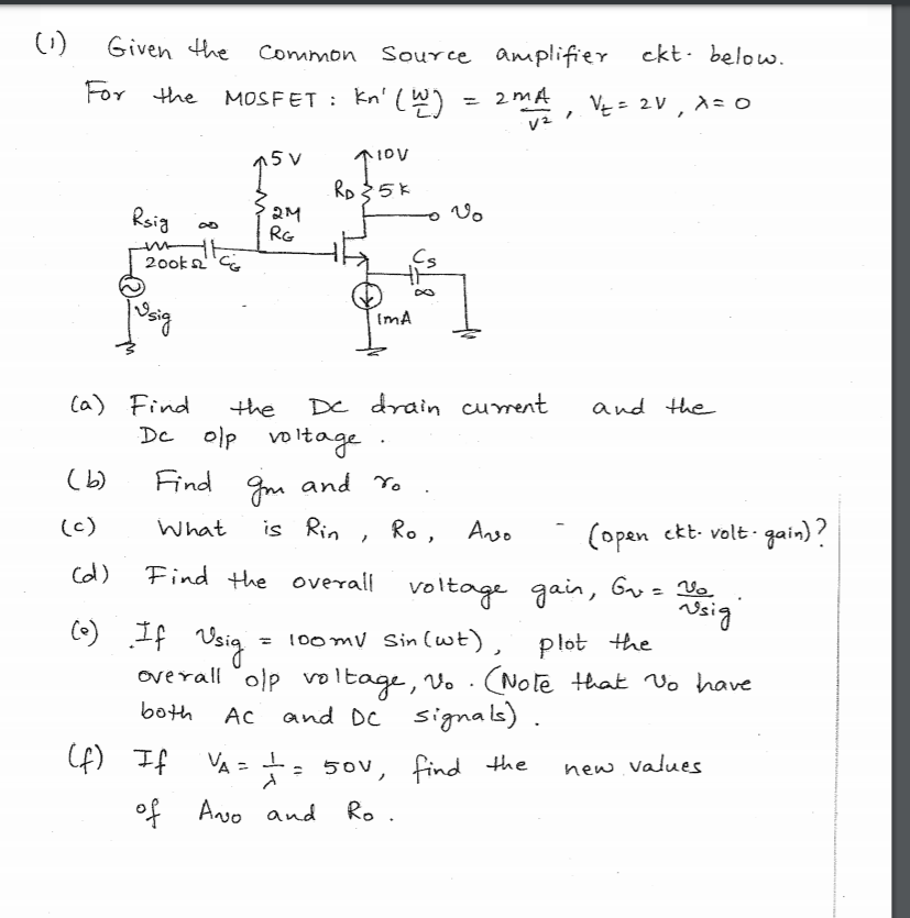 Solved (1) Given the common source amplifier ckt. below. For | Chegg.com