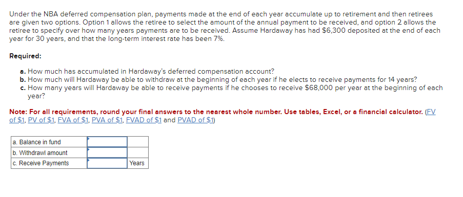 Solved Under the NBA deferred compensation plan, payments | Chegg.com