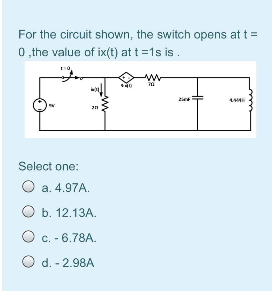 Solved For the circuit shown, the switch opens at t = 0,the | Chegg.com