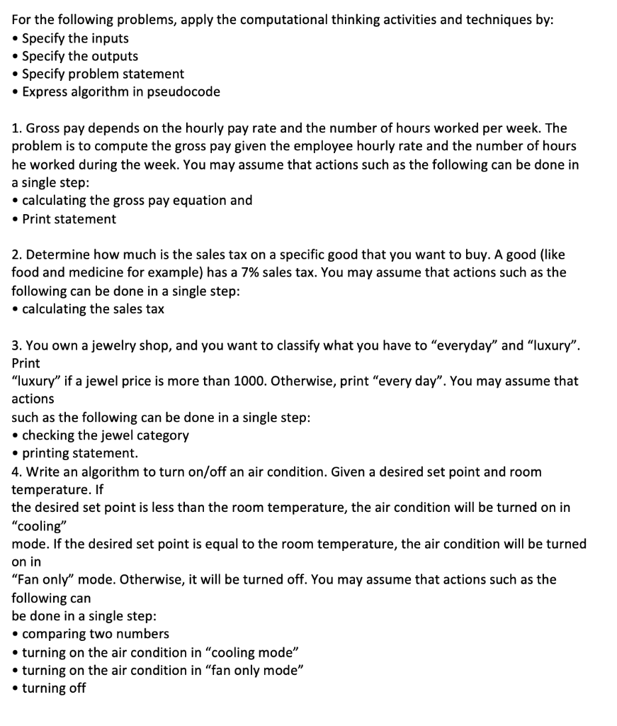 Solved For the following problems, apply the computational | Chegg.com