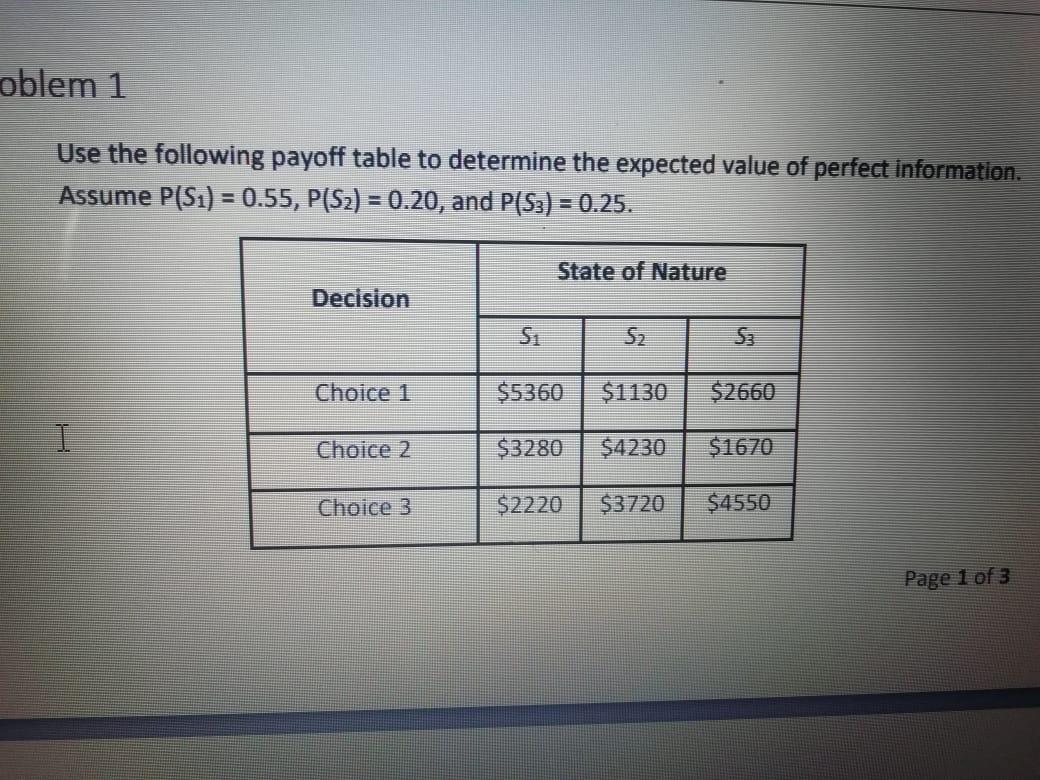 Solved Oblem 1 Use The Following Payoff Table To Determine | Chegg.com