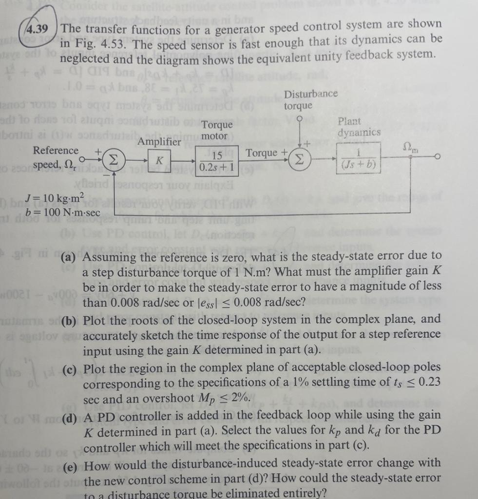 Solved 4.39 The transfer functions for a generator speed | Chegg.com