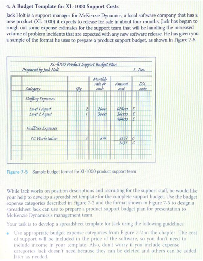 4. A Budget Template for XL-1000 Support Costs Jack | Chegg.com