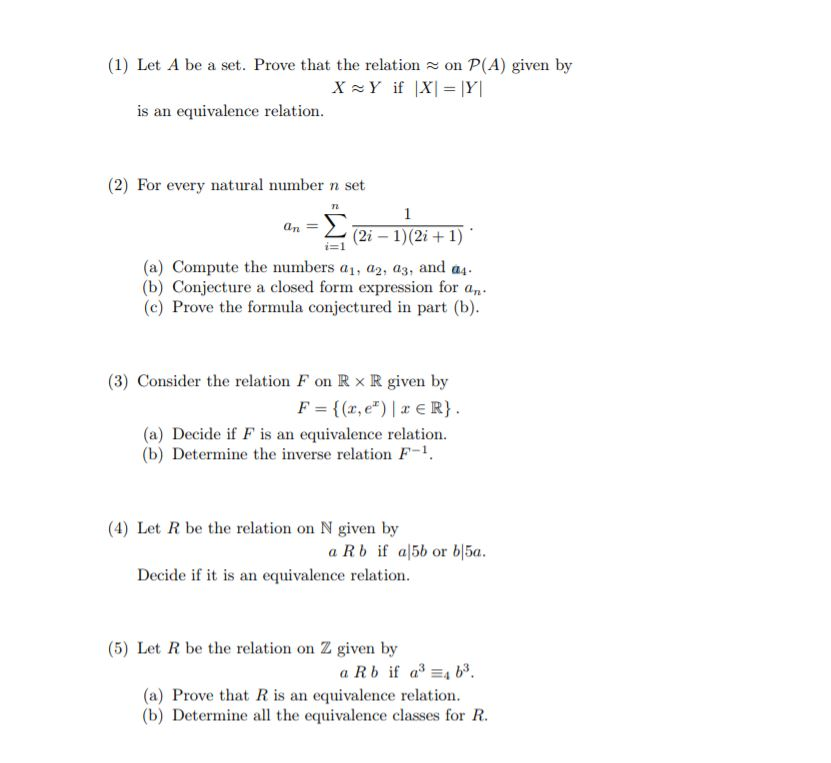 Solved (1) Let A Be A Set. Prove That The Relation On P(A) | Chegg.com