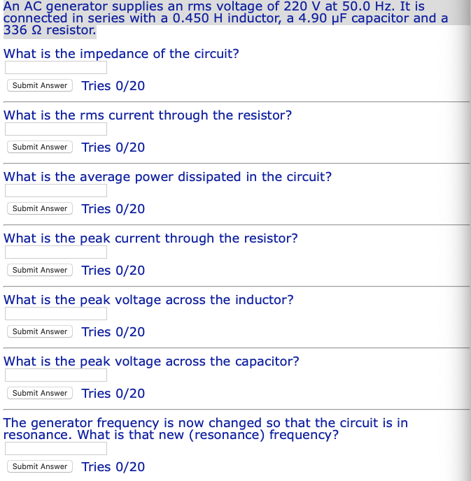 Solved An AC generator supplies an rms voltage of 220 V at | Chegg.com