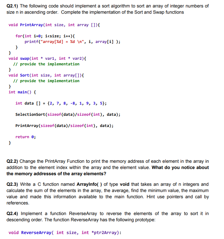 geeksforgeeks - sorting practice questions! https: ... Solved Q2.1) The following code should implement a sort | Chegg.com