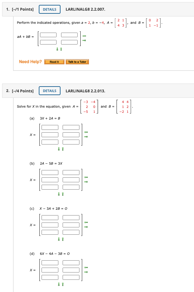 Solved 1. (-/1 Points] DETAILS LARLINALG8 2.2.007. 0 Perform | Chegg.com