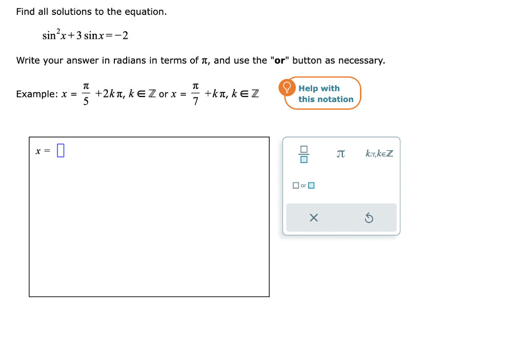 Solved Find all solutions to the equation. sin2x+3sinx=−2 | Chegg.com