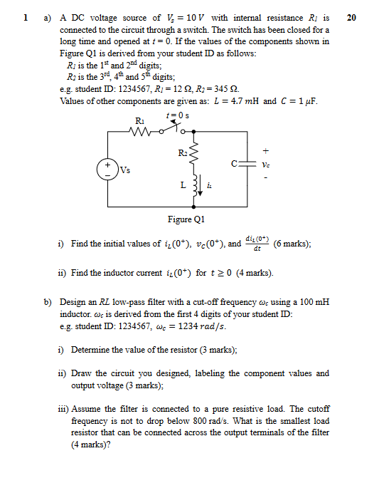 Solved 1 20 a) A DC voltage source of V, = 10 V with | Chegg.com