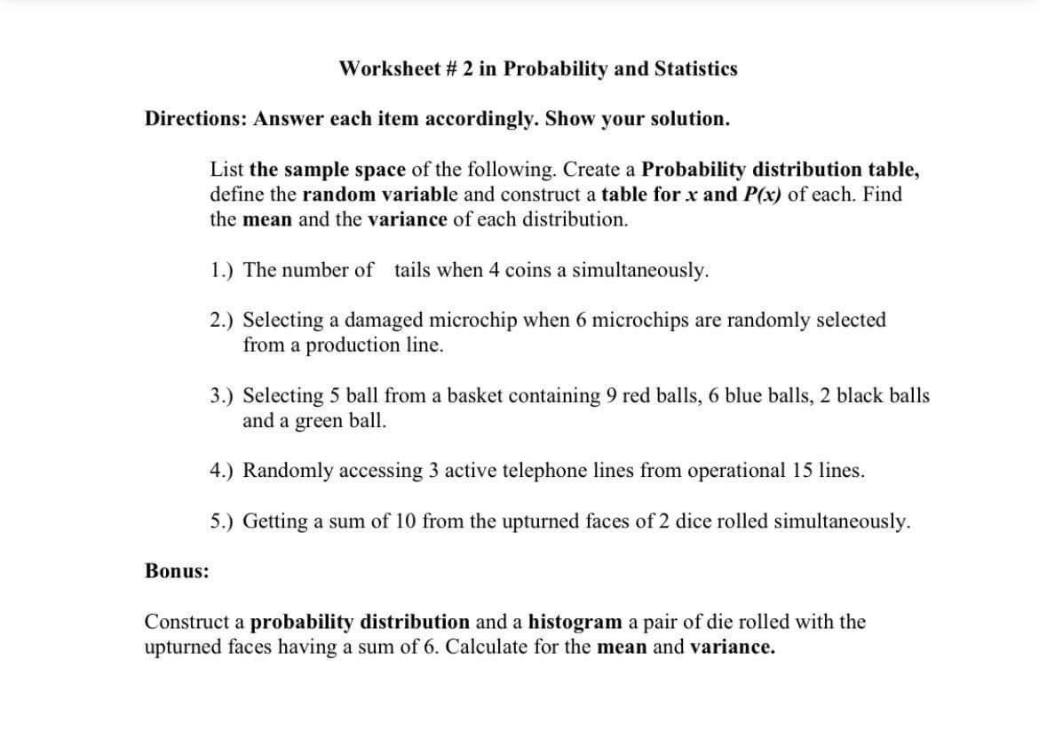 Worksheet # 2 in Probability and Statistics | Chegg.com