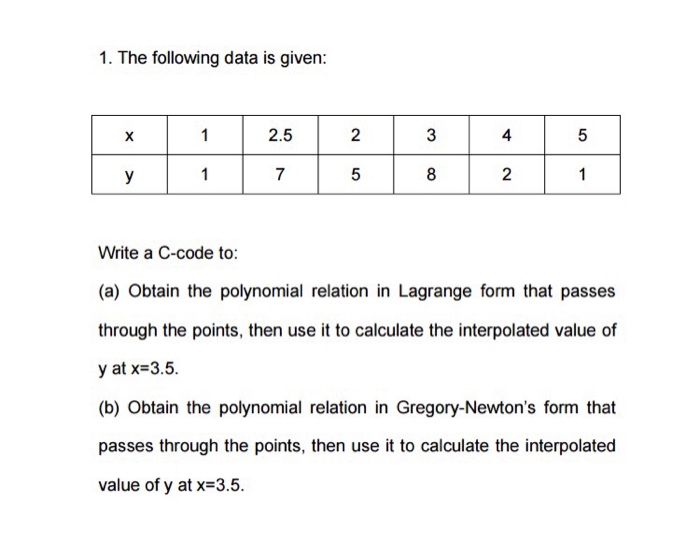 Solved 1. The following data is given 1 2.5 2 3 5 y 7 5 8 2 | Chegg.com