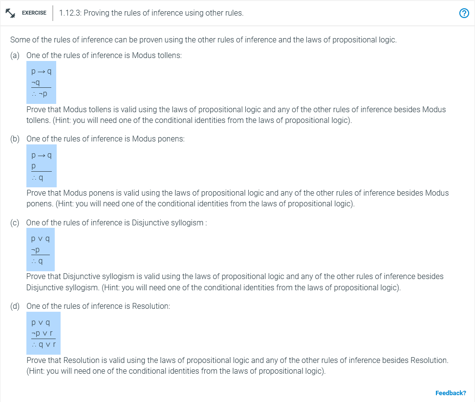 Solved EXERCISE 1.12.3: Proving The Rules Of Inference Using | Chegg.com