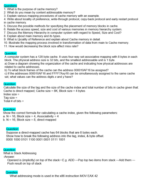 Solved Questions 1 What Is The Purpose Of Cache Memory 2 Chegg