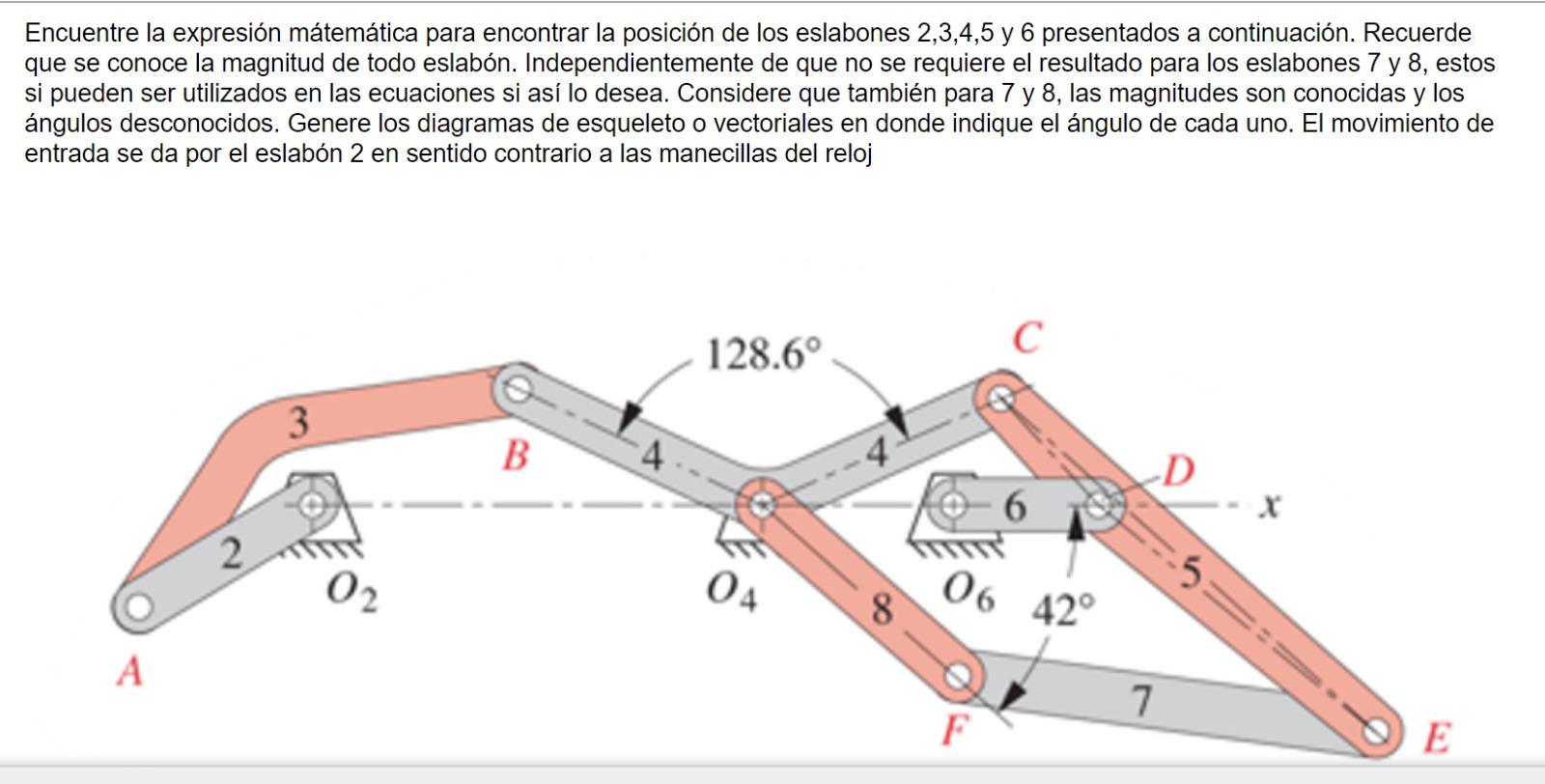 Encuentre la expresión mátemática para encontrar la posición de los eslabones 2,3,4,5 y 6 presentados a continuación. Recuerd