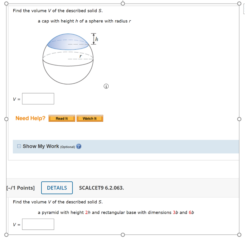 Solved Find The Volume V Of The Described Solid S A Cap 9958