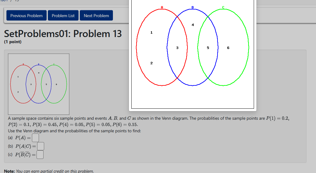 SetProblems01: Problem 13
\( (1 \) point)
A sample space contains six sample points and events \( A, B \), and \( C \) as sho