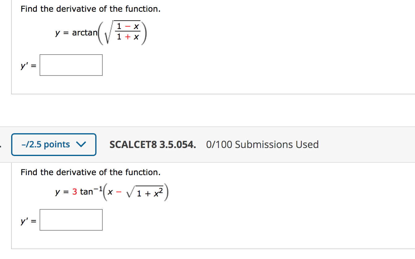 find the derivative of the function y 25 arctan x