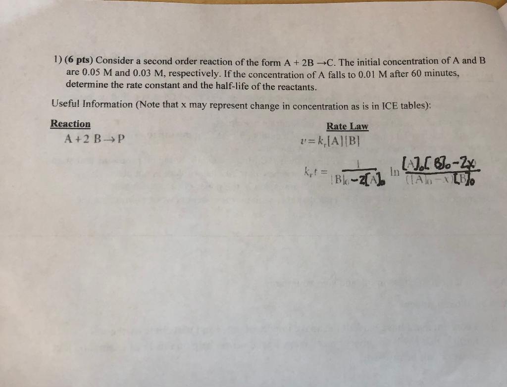 Solved 1) (6 pts) Consider a second order reaction of the | Chegg.com