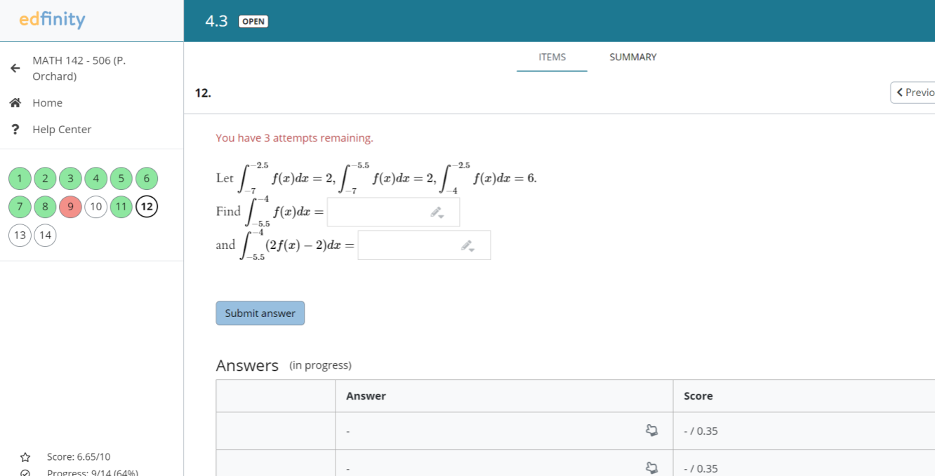 Solved Edfinity 4.3 OPEN ITEMS SUMMARY { MATH 142-506 (P. | Chegg.com