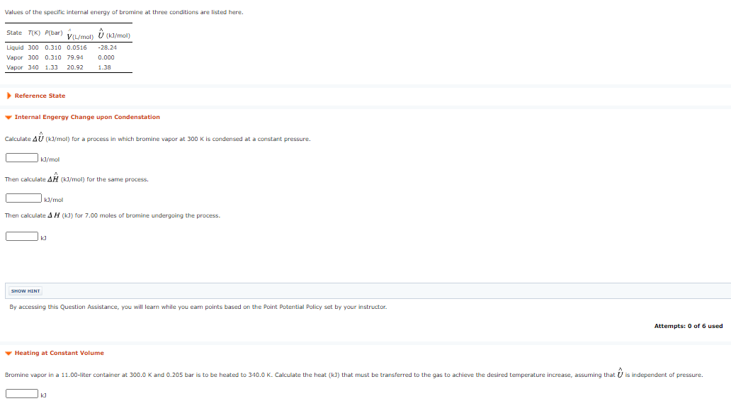 Solved Values Of The Specific Internal Energy Of Bromine Chegg Com