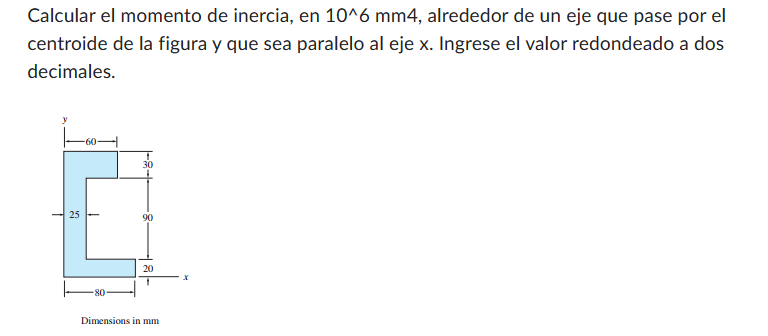 Calcular el momento de inercia, en \( 10^{\wedge} 6 \mathrm{~mm} 4 \), alrededor de un eje que pase por el centroide de la fi